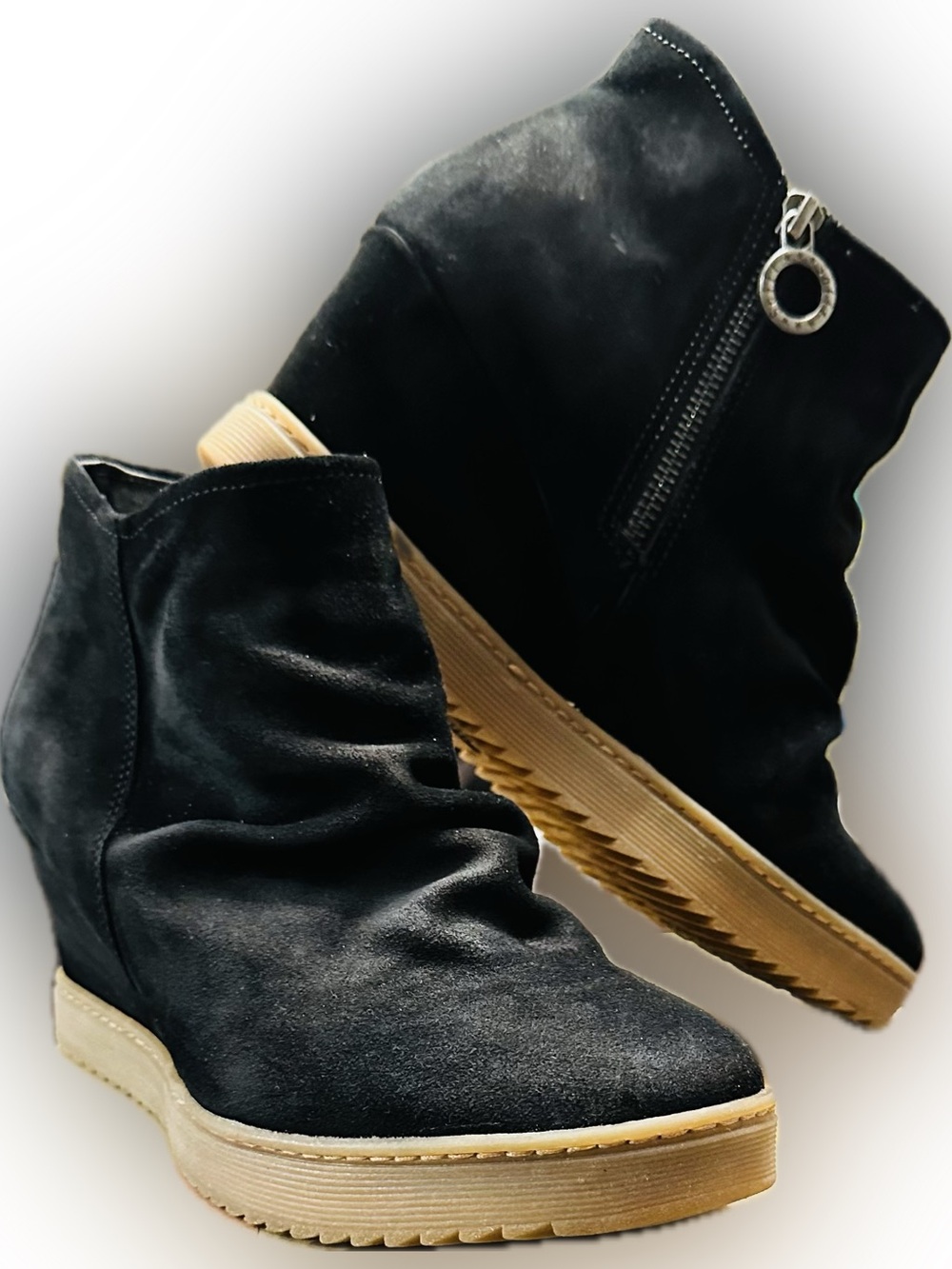 Sofft Siri Black Suede Wedge Waterproof Ankle Bootie with Side Zip
